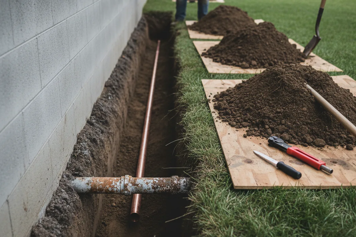 Excavated water line trench during Sewer Line Repair in Cabin John